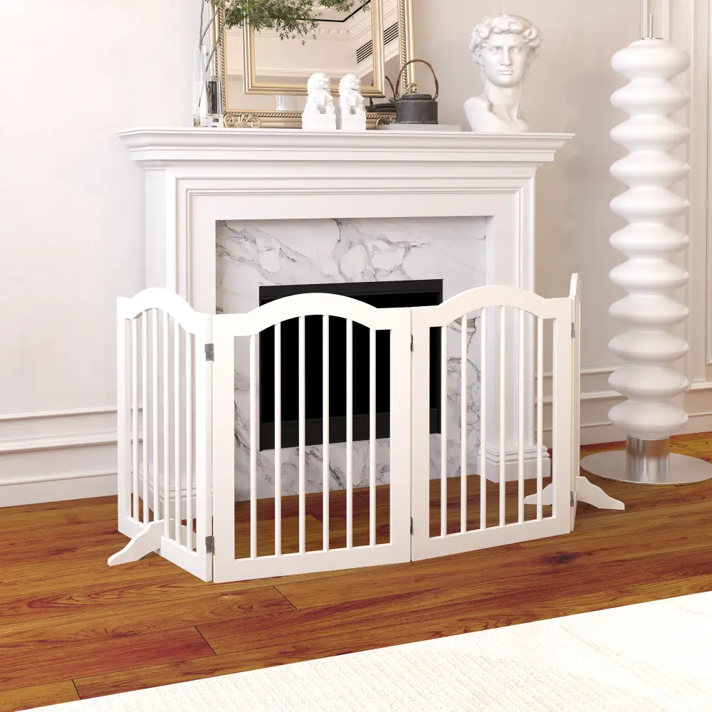 27.6" Tall Freestanding Dog Gate, 4 Panel Foldable Wooden Pet Gate with Support Feet, Heavy Duty Safety Fence for Dogs, Puppy Gate for Stairs, Doorways, Hallways & Kitchen, Portable Folding Pet Barrier, No Drill Indoor Dog Fence for Home Use