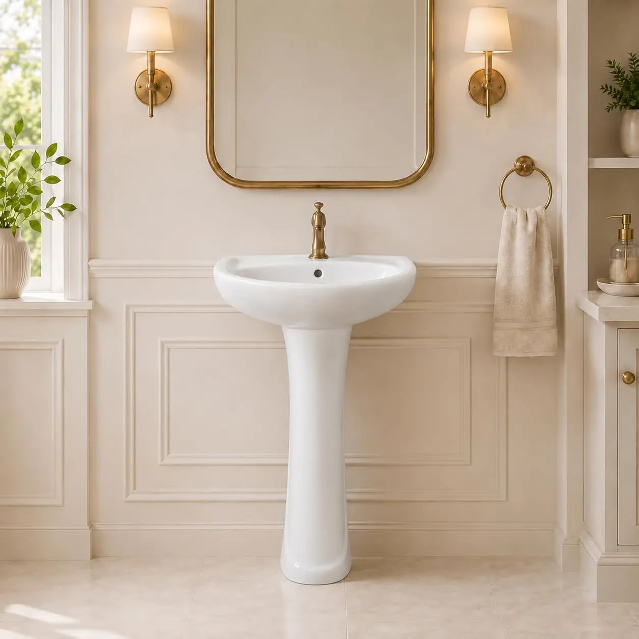 Ceramic Pedestal Bathroom Sink, Single Hole Freestanding Basin | Classic Vintage Design, Smooth Glossy Finish, Easy Clean Surface, Durable Ceramic Construction