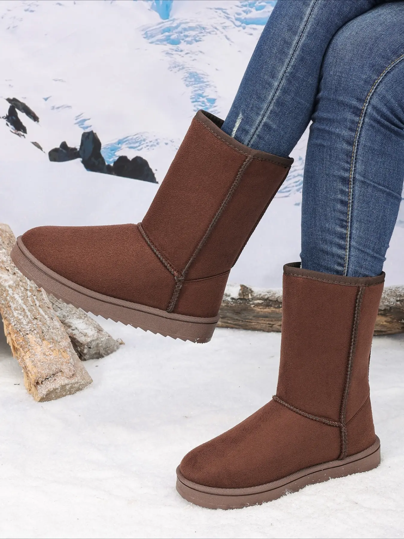 Fold-over fuzzy cuff snow ankle boots, round toe pull-on, thick plush lining, non-slip sole, warm versatile women winter boots, Footwear