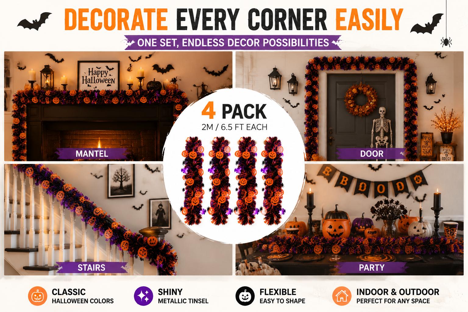 Halloween Tinsel Garland 4 Pack 26 Feet Metallic Black Orange Purple Streamers with Pumpkin Bat Spider Decor for Mantel Fireplace Door Window Party Indoor Outdoor Festive Decoration