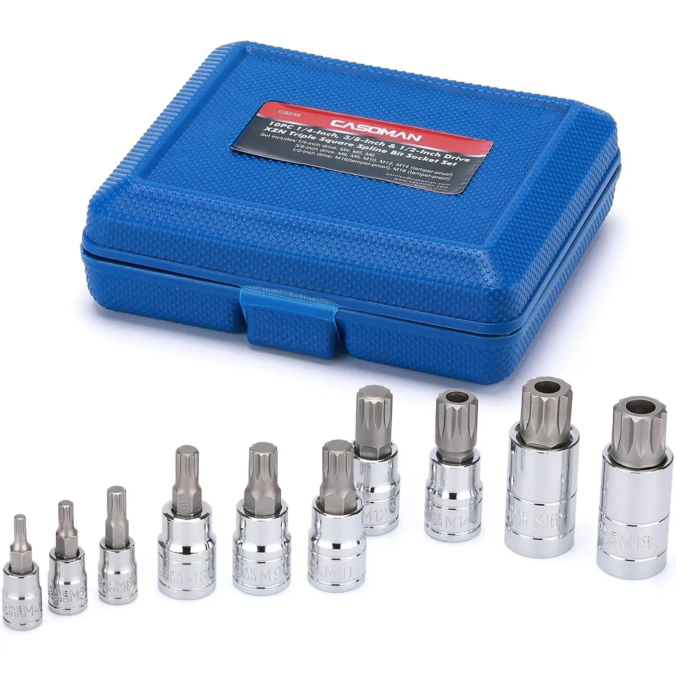 10PCS 1/4-Inch, 3/8-Inch & 1/2-Inch Drive XZN Triple Square Spline Bit Set, M4-M18, 12 Point Tamper, Cr-V and S2 Bits