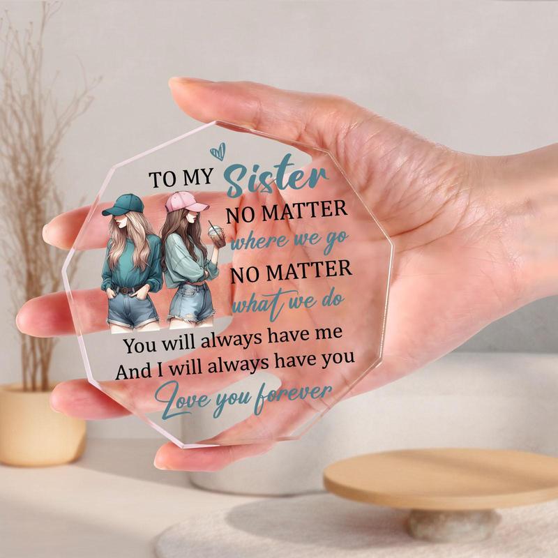 Acrylic Plaque, Heart Plaque, 1 Count Letter Sister Characters Pattern Acrylic Ornament, Creative Birthday Gift for Sister Home Decoration Ornament