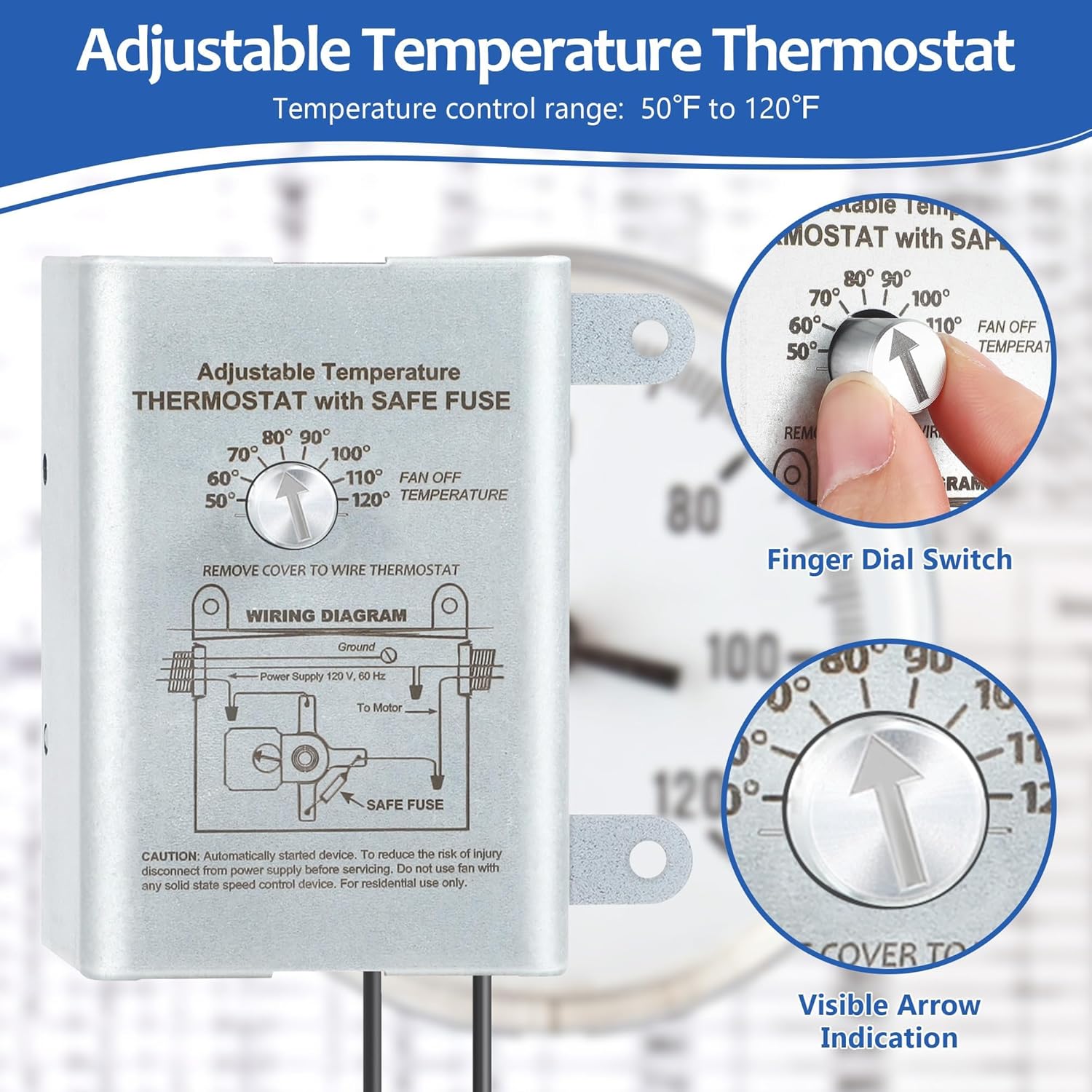 Attic Fan Thermostat Control, Replacement Thermostat with Adjustable Temperature Dial, Programmable for Exhaust Fan, Greenhouse, Cooling System