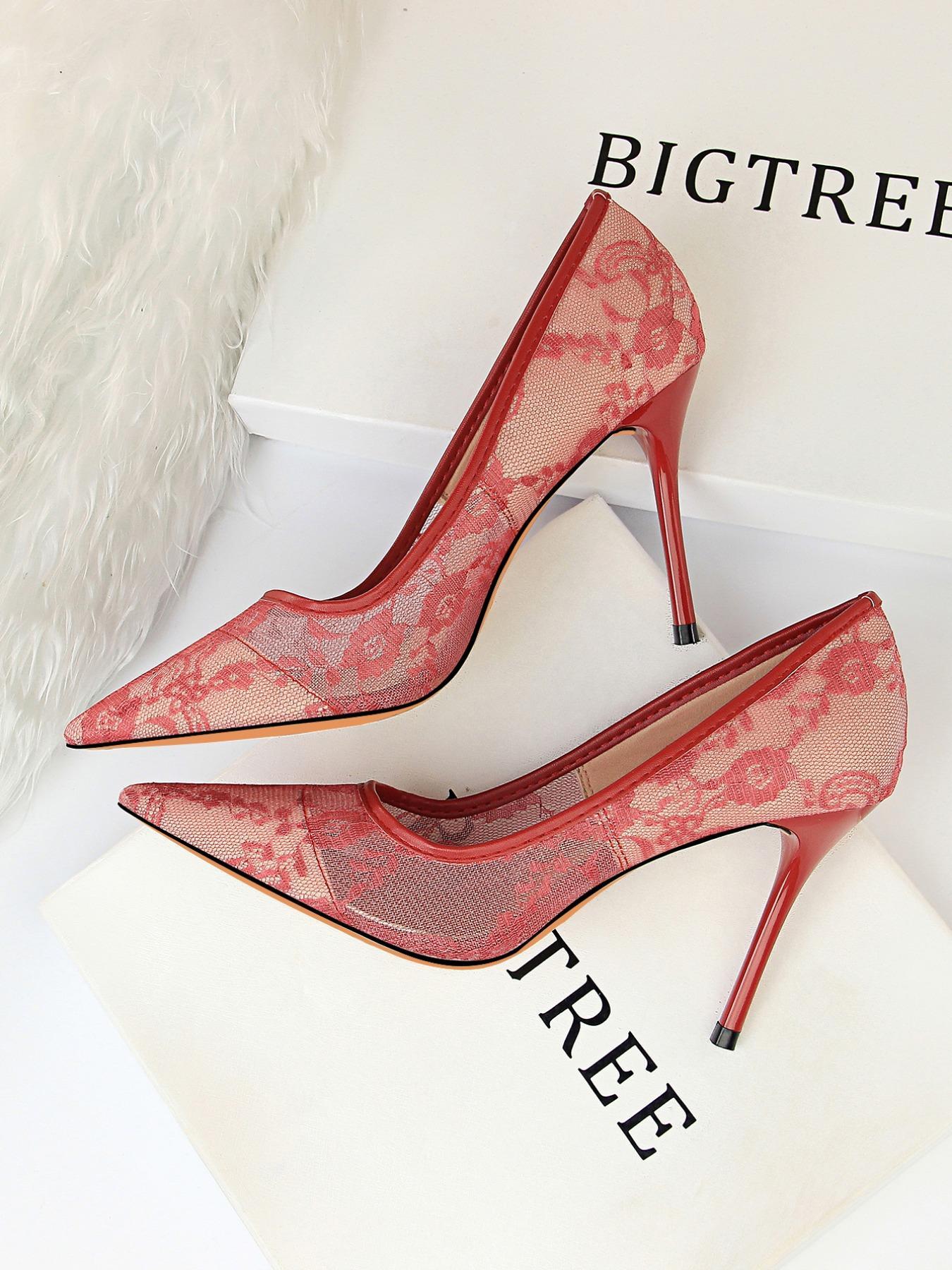 Women's Mesh Hollow Design with Contrast Lace Pointed Toe Stiletto Heeled, Stylish Elegant High Heeled Dress Formal Shoes for Party, Perfect Footwear for Outfit Matching, Wedding Party Shoes