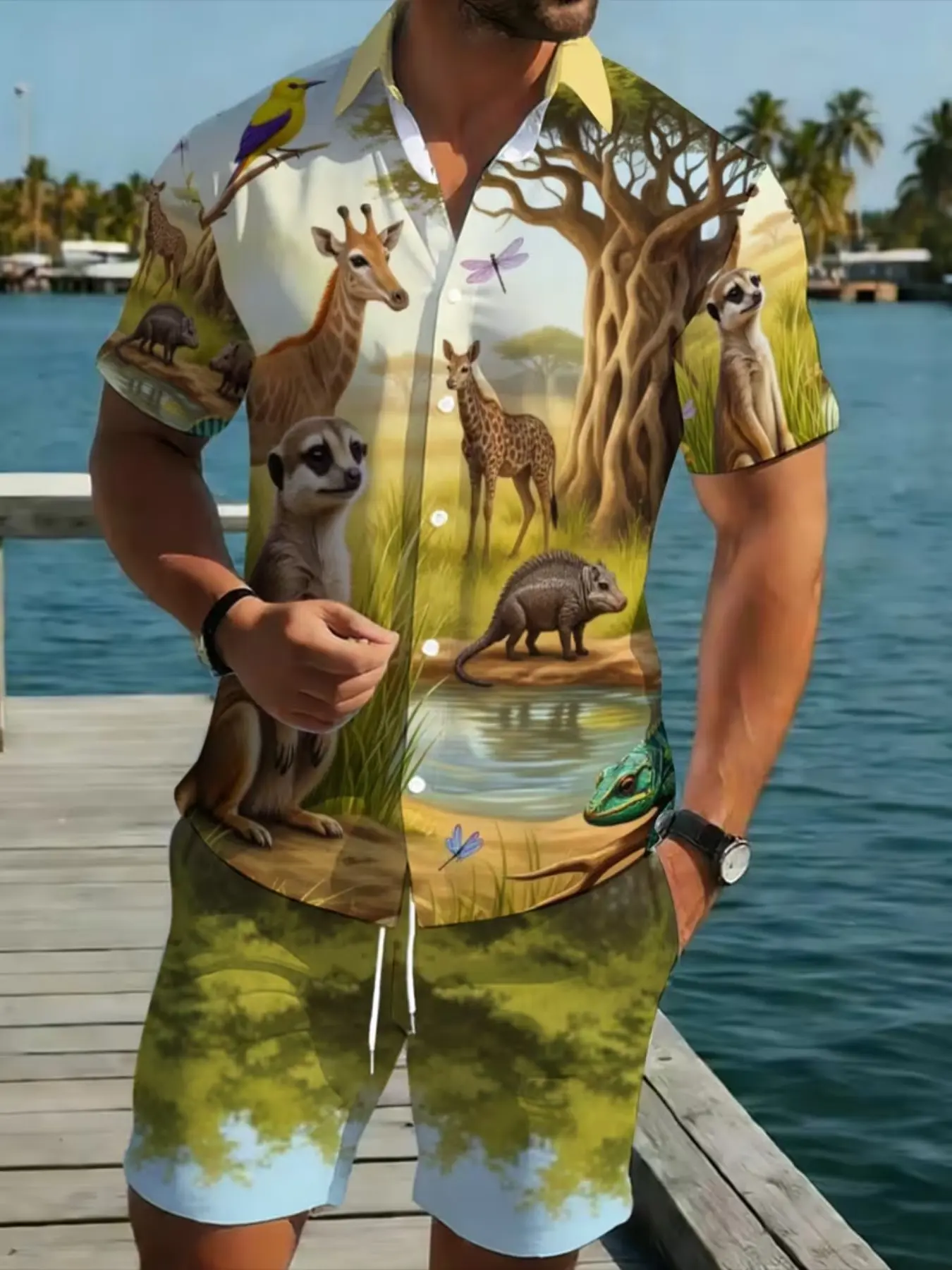 Men's Polyester Hawaiian Shirt and Shorts Set, Safari Animal Print, Lightweight, Casual, Beach, Outdoor, Vacation, Garden, Poolside
