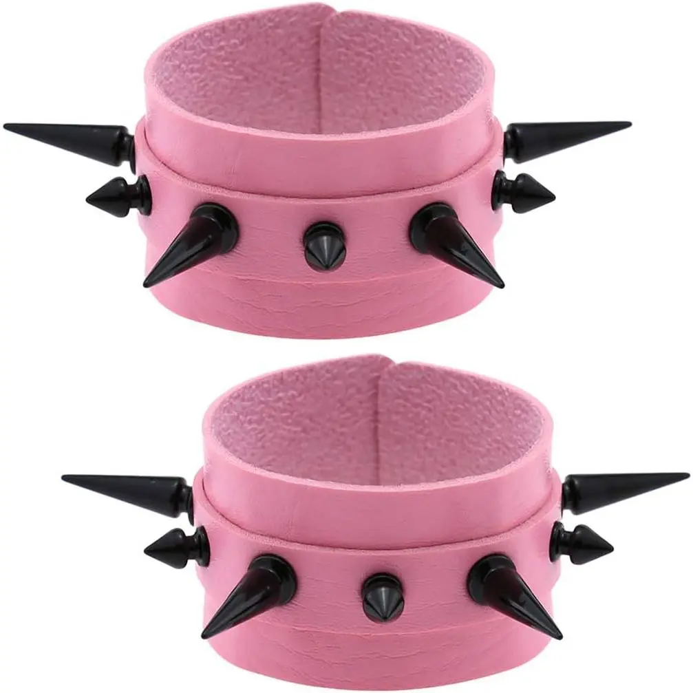 Women Multicolor PU Simulated Leather Black-tone Long and Short Rivets Spike Spiked 4cm(1.57") Wide Punk Gothic Adjustable Bracelet, Pack of 2