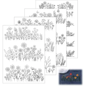 Water Soluble Embroidery Patterns 4 Sheets Stick and  Embroidery Paper Wash  Transfer Embroiderys  Dissolvable Embroiderys Paper with Wash , Flower Floral Daisy Butterfly Designs