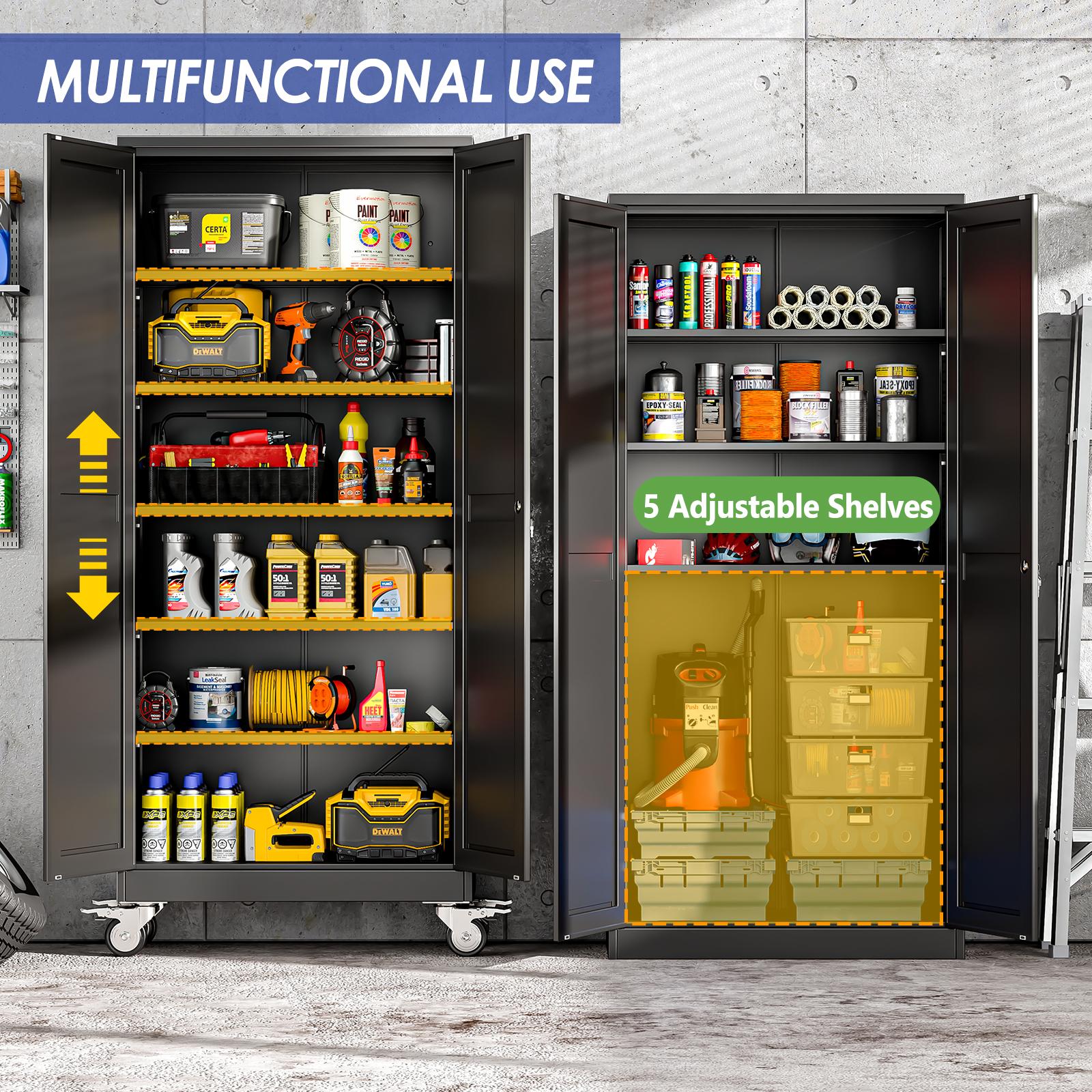 GEITIN 75" Tall Metal Garage Storage Cabinet with Wheels & Locking Doors, 5 Adjustable Shelves, Heavy Duty Steel Tool Cabinet for Garage, Home, Office, Shop