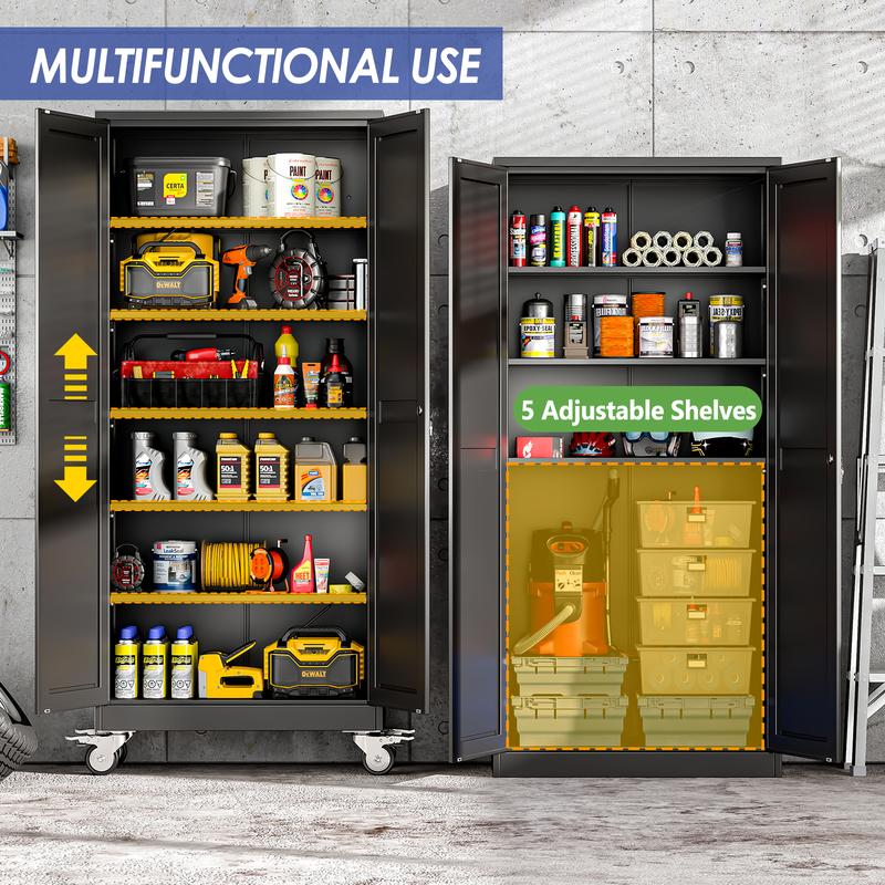 GEITIN 75" Tall Metal Garage Storage Cabinet with Wheels & Locking Doors, 5 Adjustable Shelves, Heavy Duty Steel Tool Cabinet for Garage, Home, Office, Shop
