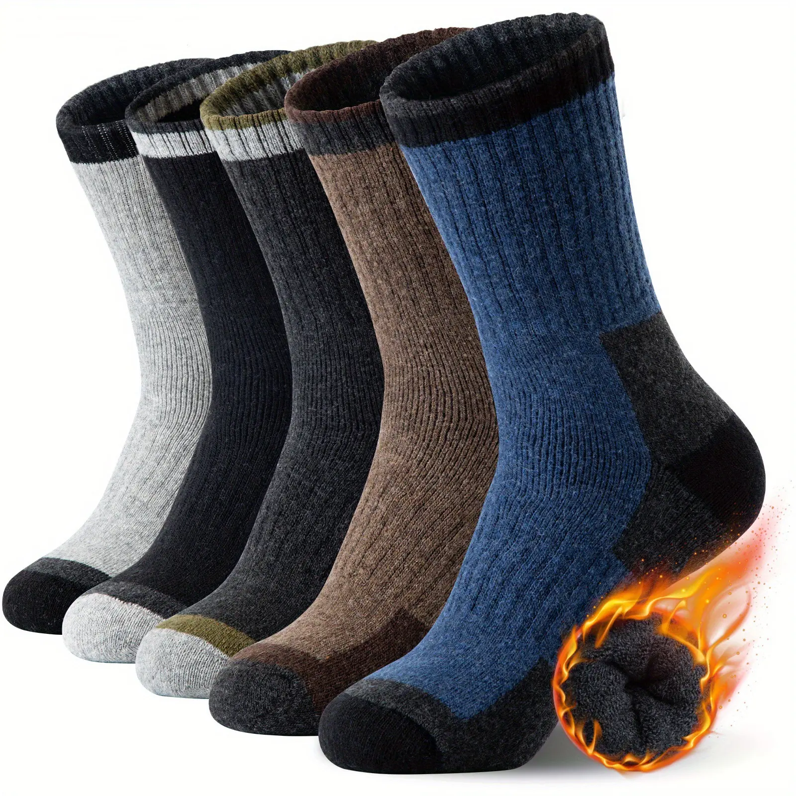 Men's Fleece Lined Crew Socks 5 Pairs, Warm Thick Colorblock Winter Socks for Work Home Outdoor, Cozy Thermal Mid Calf Socks Multipack