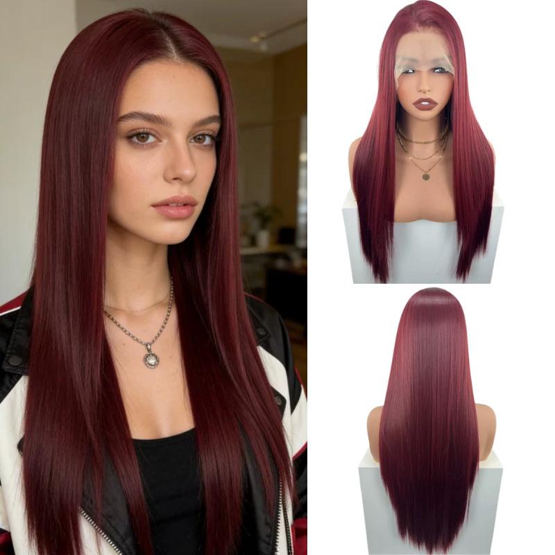 Front lace wig for women, long straight hair, no bangs, available in multiple colors, high-end and realistic