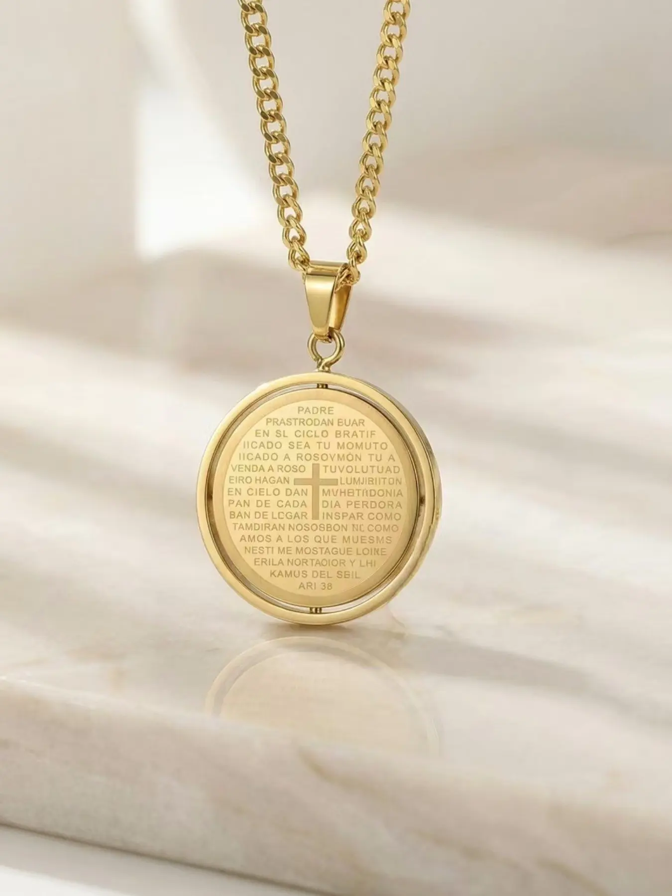 Rotatable Round Cross Pendant Necklace, Spanish Lord's Prayer, Stainless Steel Vacuum Plated Religious Amulet, Unisex Jewelry Gift