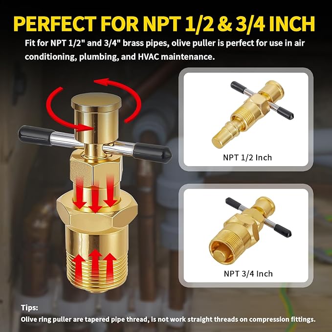 Olive Remover Puller for NPT 1/2 Inch and 3/4 Inch Compression Sleeve Puller Tool, Not Damage The Brass Pipe, Professional Plumber Ring Removal Tool Ferrule Puller
