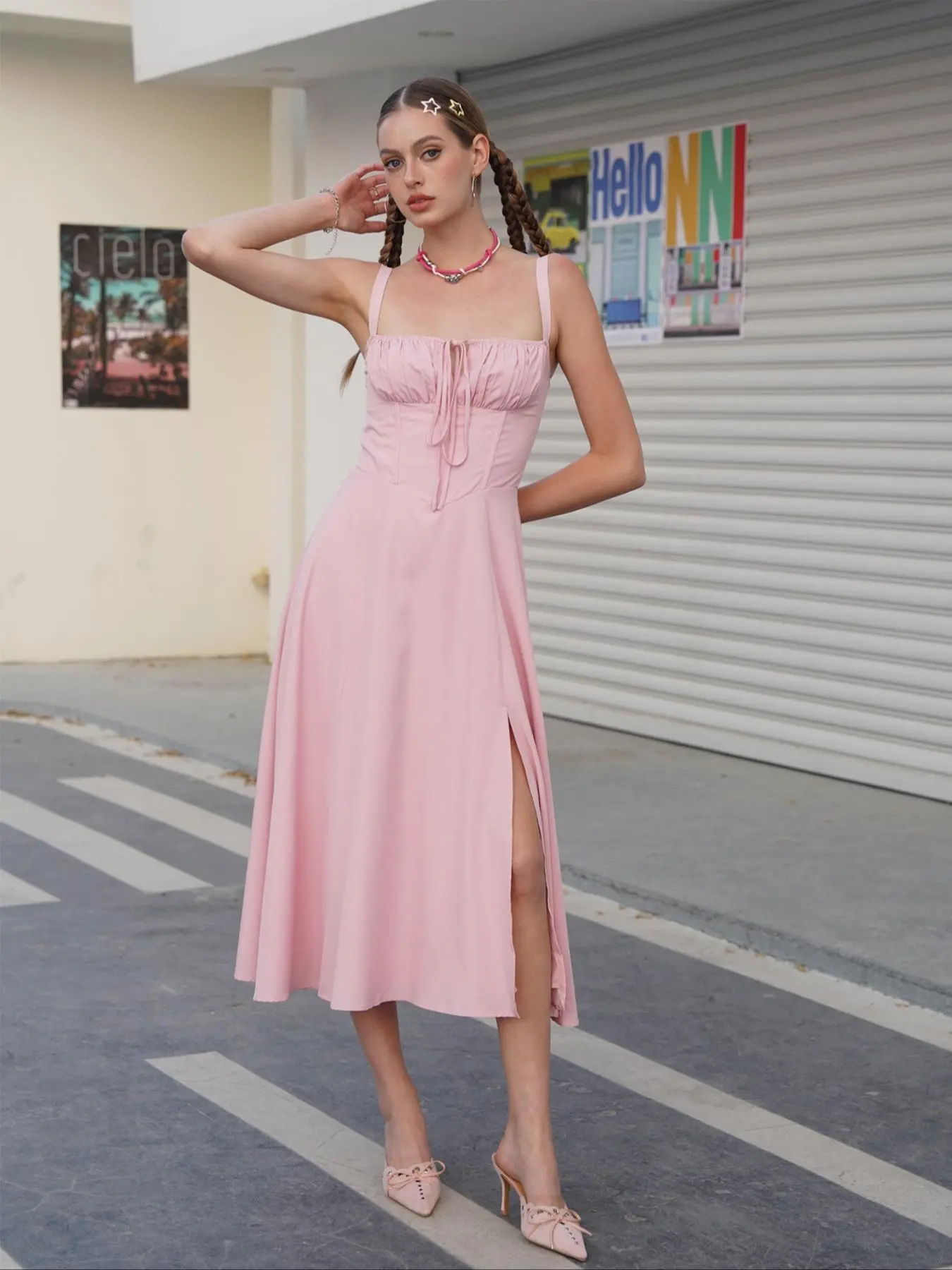 non bodycon party dresses Parthea Women's Plain Ruched Boning Corset Milkmaid Dress, Lace Up Dress, Party  Dress, Fit, Tie Front
