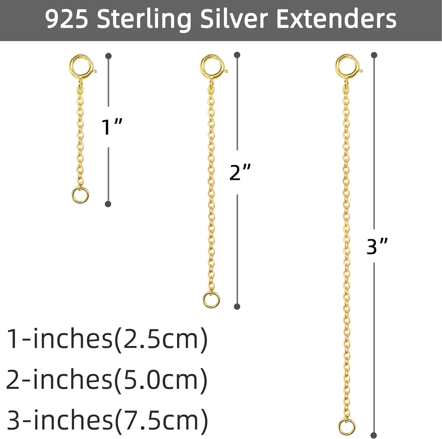 Gold Necklace Extenders 14k Gold Plated Extender 925 Sterling Silver Extension Bracelet Extender Gold Chainers for Necklases 3 Pcs (1 2 3 Inch)(Gold)