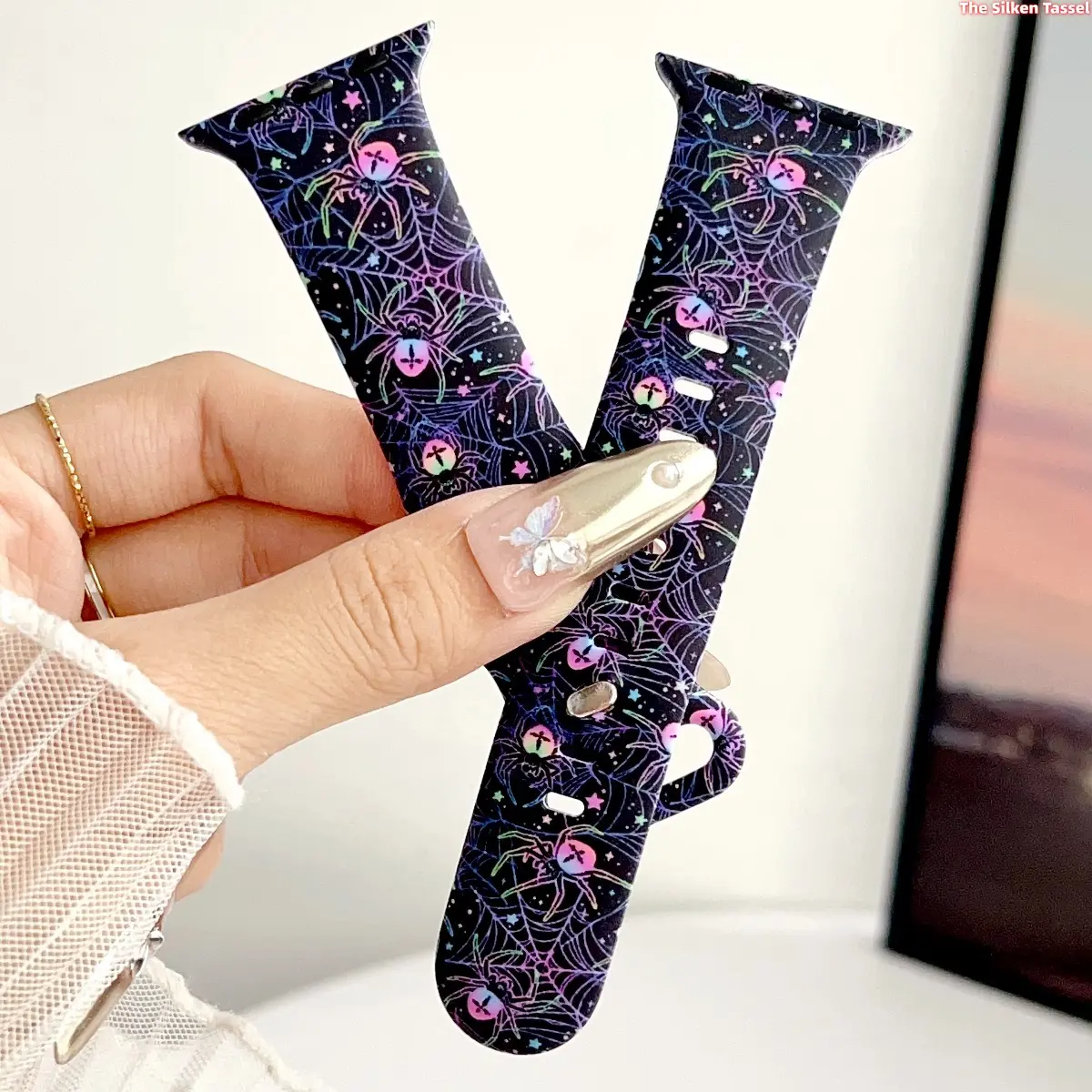 Holographic Rainbow Spider Web Halloween Silicone Watch Strap For Apple Watch All Sizes Black Base Colorful Gradient Spider Tiny Star Print Waterproof Wristband Teen Girls Gothic Punk Fall Bracelet