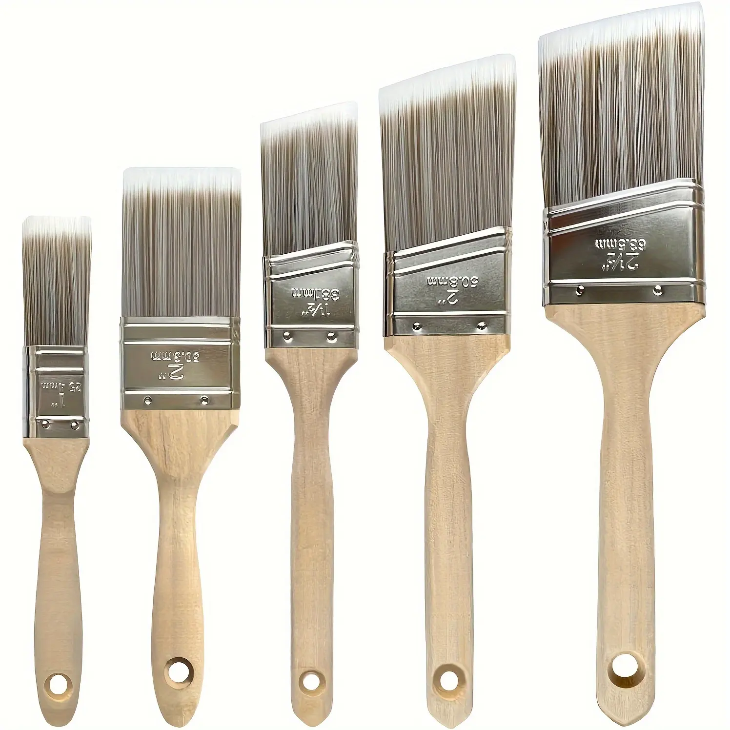 5pcs Paintbrush Set with Tapered Synthetic Bristles And Wooden Handles, Designed for Detailing Window Frames on Walls, Cabinets, And Fences; a Professional-Grade Tool.