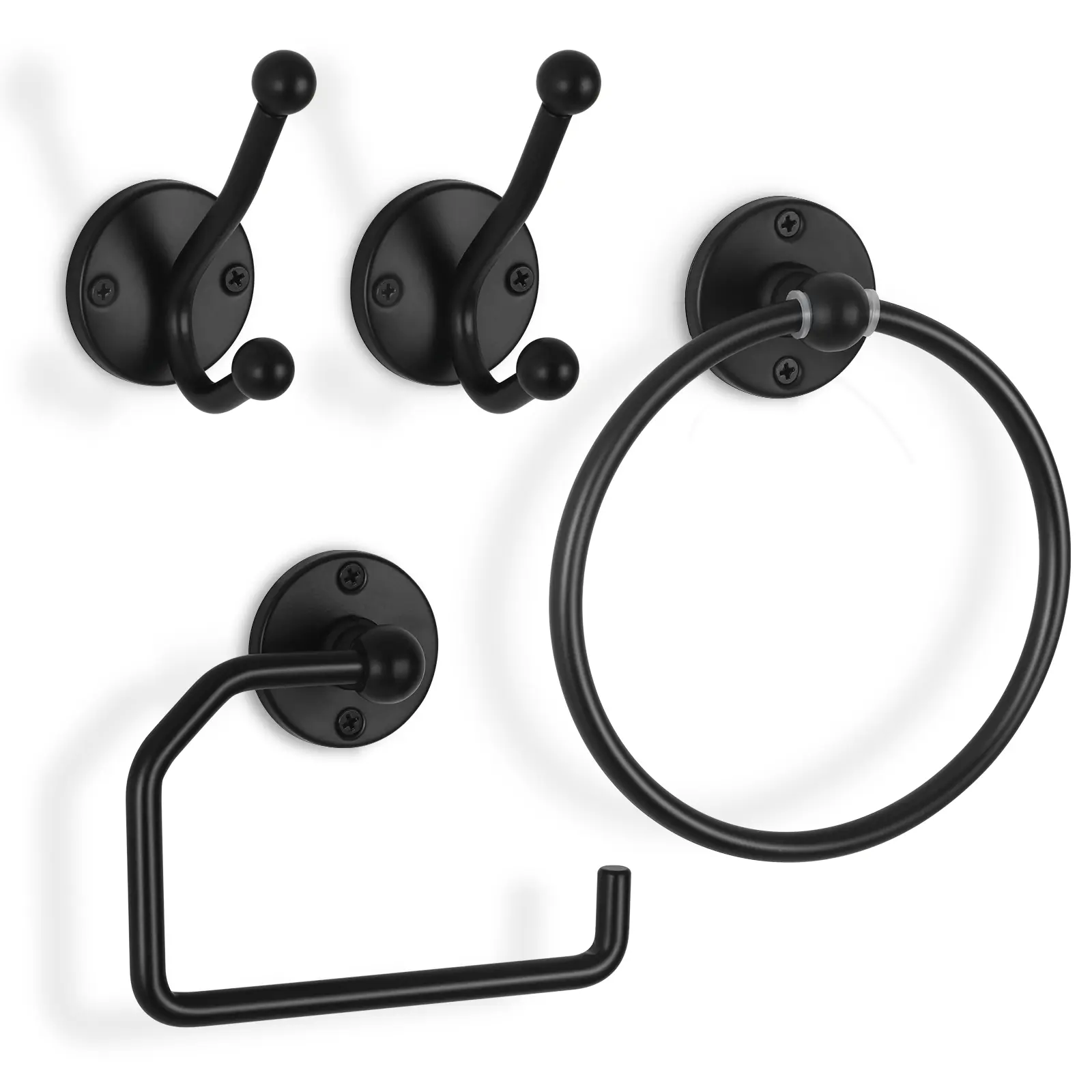 Matte Black Modern 4-Piece Wall-Mounted Bathroom Hardware Set with Towel Ring, Toilet Paper Holder, 2 Robe Hooks, 180° Rotation, Anti-Slip Edge, Rust-Resistant Finish, Easy Installation for Guest Bath Storage#tiktokshopsummersale