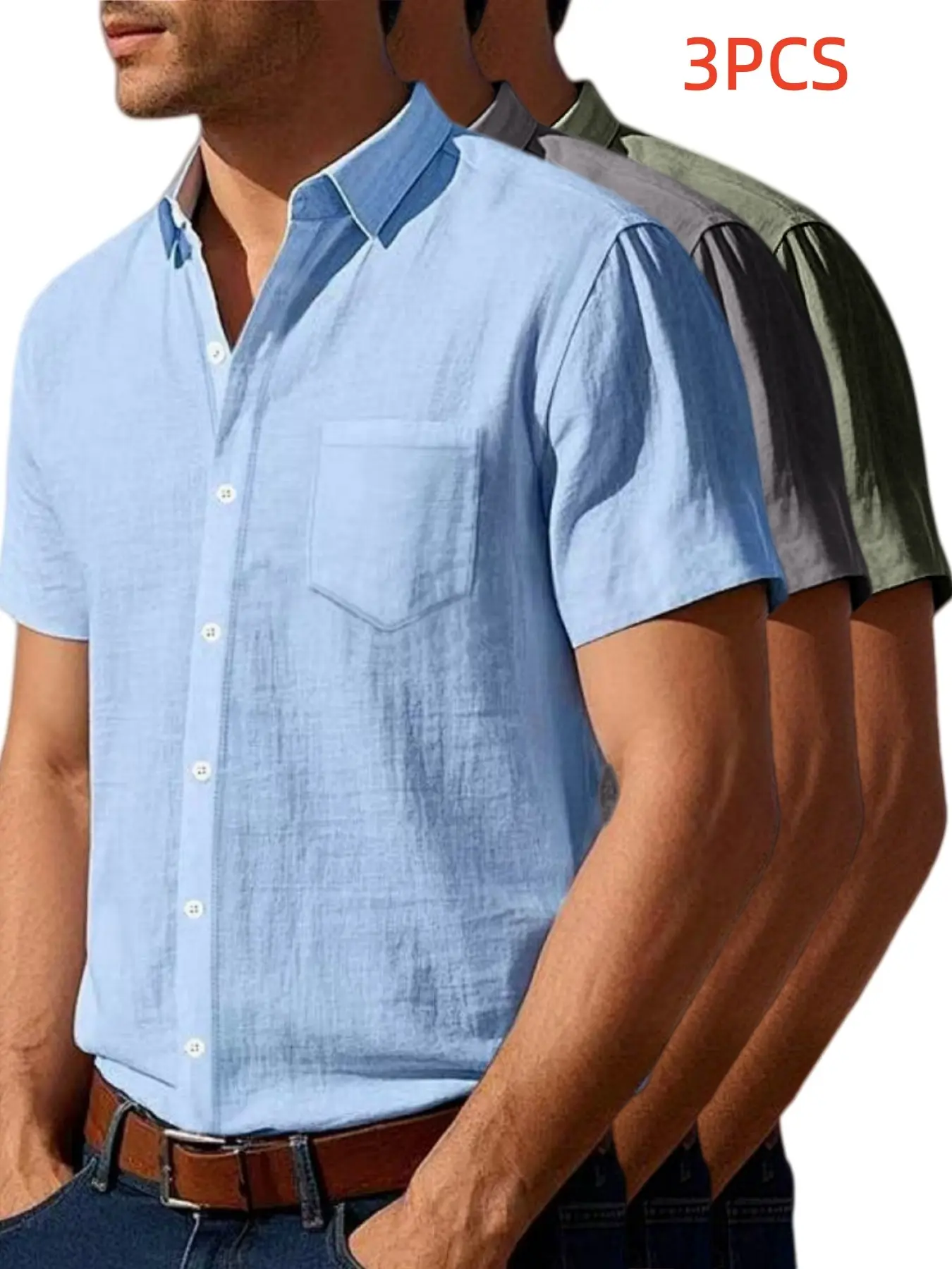 3pcs Men's Summer Tropical Linen Casual Button Collared Front Shirt, Loose-Fitting Breathable Short Sleeve with Chest Pocket, Plain Solid Classic Style