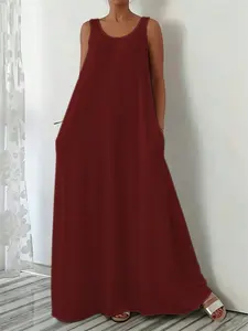 Summer New Fashion Elegant Simple Plus Size Women's Solid Color Round Neck Sleeveless Long Dress with Pockets, Casual Slim-Fitting Style
