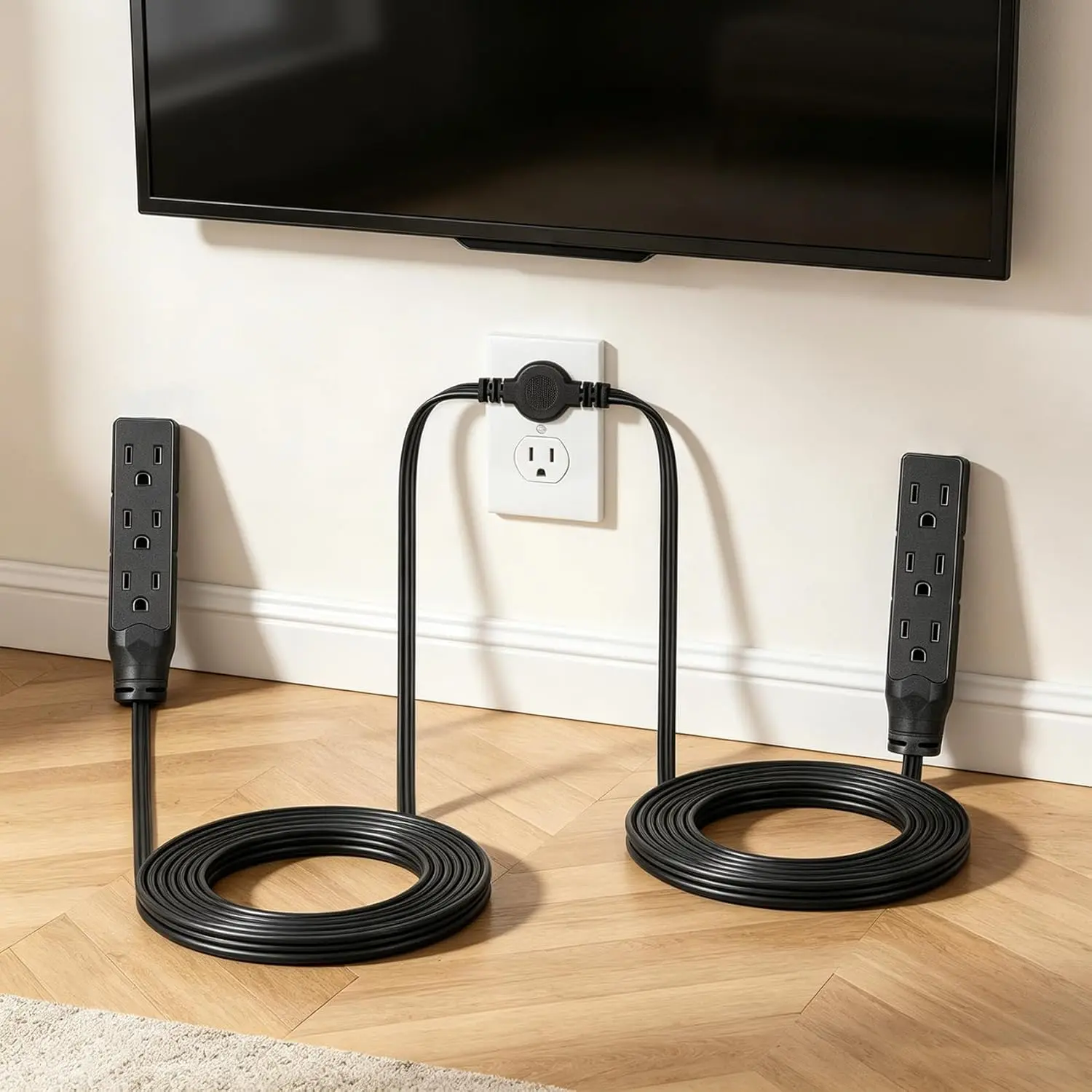 Twin Extension Cord Flat Wall Plug 24ft, Double Extension Cord with 6 3-Ground Outlets, 12ft Power Cord on Each Side, Two-Way Splitter Extension Cord for Indoor Use Behind Bed Cabinet Couch Furniture