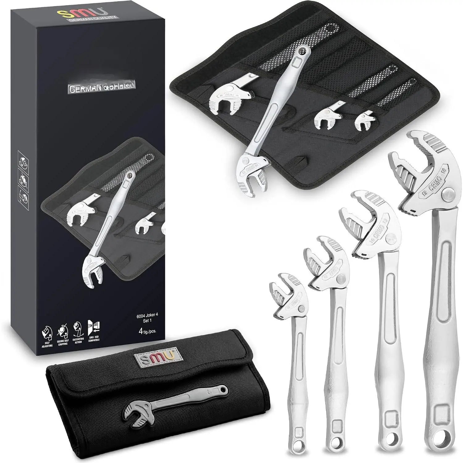 4- Adjustable Wrench Set,Self-setting spanner set with Self Tightening Function and Automatic Continuous Gripping for 1/4"-3/4" (7-19mm) Pipe Fittings Nuts and