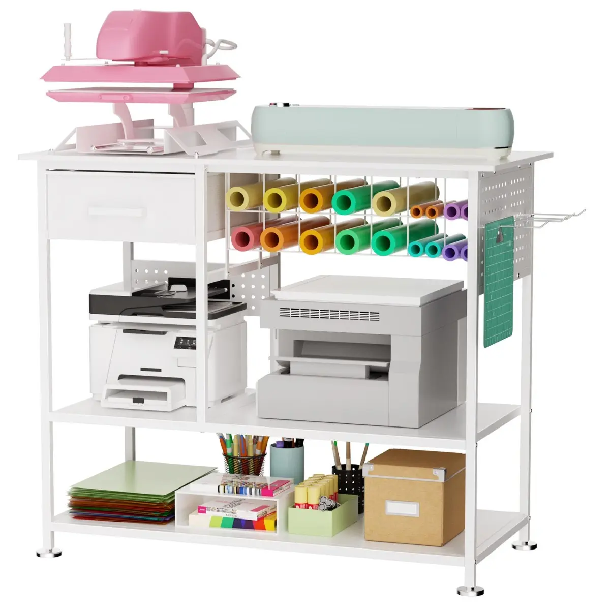 Large Heat Press Table with Charging Station, Movable Heat Press Stand Desk Cart with Vinyl Storage and Drawer, Metal Workbench for DIY Sublimation, T-Shirts and Caps Heat Transfer Project