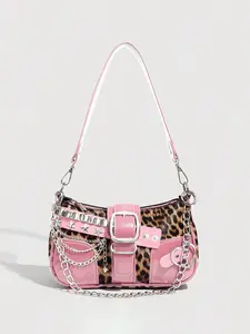 Vintage Y2K Women's Bag, Punk Style Small Colorblock Star Chain Shoulder Crossbody Bag, Detachable Strap Polyester Lining Multi-Functional Handbag, Casual Shoulder Bag, Colorblock Purse, Casual Trendy Purses
