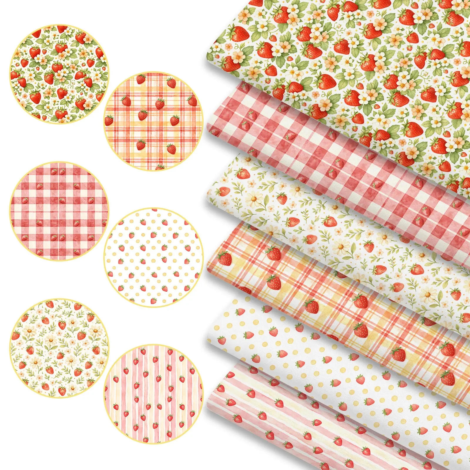 6pcs Cute Strawberry Print Checkered Floral Decorative Fabric Bundles, 45cm*50cm/17.72in*19.69in Sweet Berry Pattern Fabric Squares for Quilting, Patchwork Sewing Material for Bedding, Tablecloth, Bags, Masks, Hats, Headbands, Pillowcases