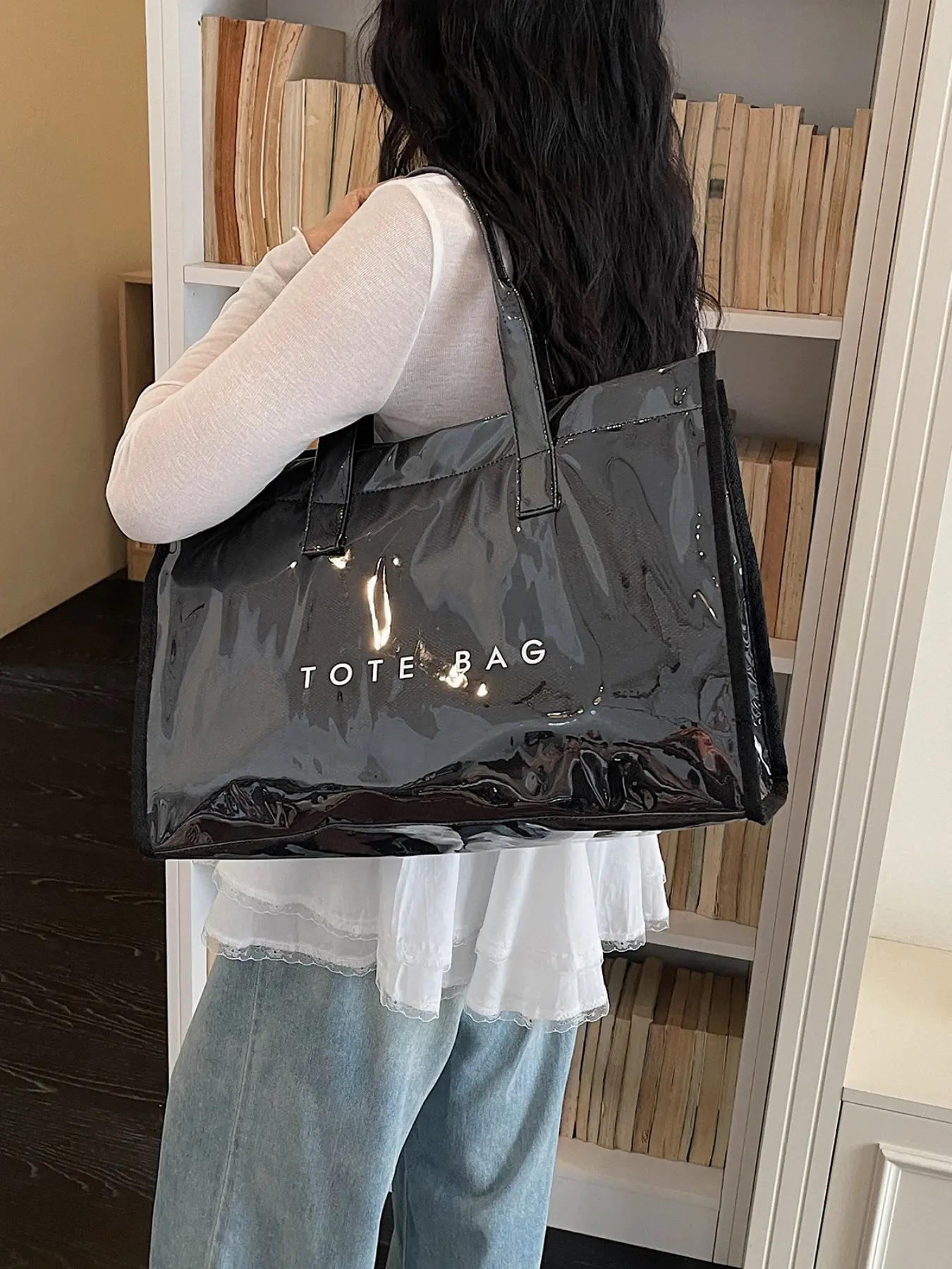 Women's PVC Tote Bag, Large Waterproof Shoulder Bag, Laptop & Book Storage, Easy Clean Surface, Comfortable Strap, All-Season Use