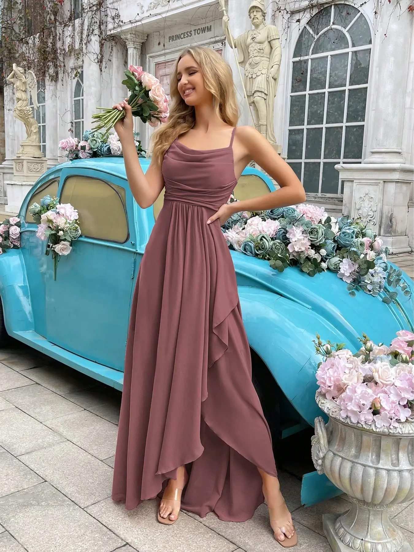 Elegant Simple Women Wedding Formal Dress Summer Bridesmaid Gown For Weddings, Guest, Dinner, Formal Events, Engagement Party, Lawn Wedding Solid Color Cowl Neck Asymmetric Hem Halter Bridesmaid Long Dresses