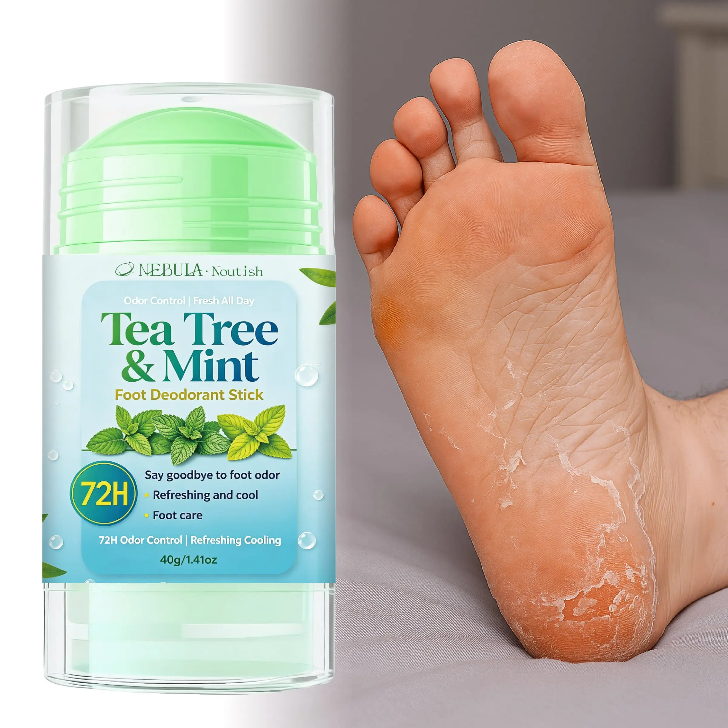 40g Foot Deodorant Stick, Foot Odor Eliminator, Non Aerosol Deodorant, Mint Tea Tree Ingredients, Deep Nourishment, 72h Freshness, Lightweight, Ideal Foot Care Solution