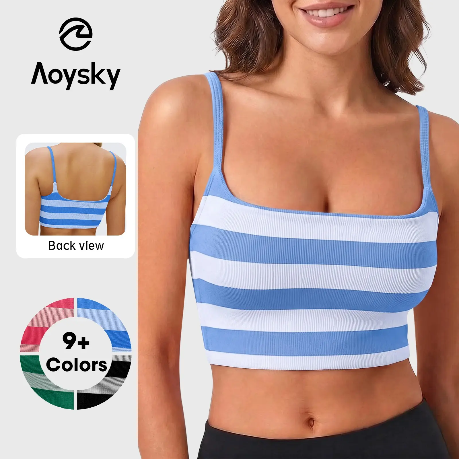 Aoysky Female Basic Ribbed Striped Bralette - Polyester-Acrylic Padded Square Neck Spaghetti Strap Athletic Sports Bra for Low-Impact Gym & Yoga Wear
