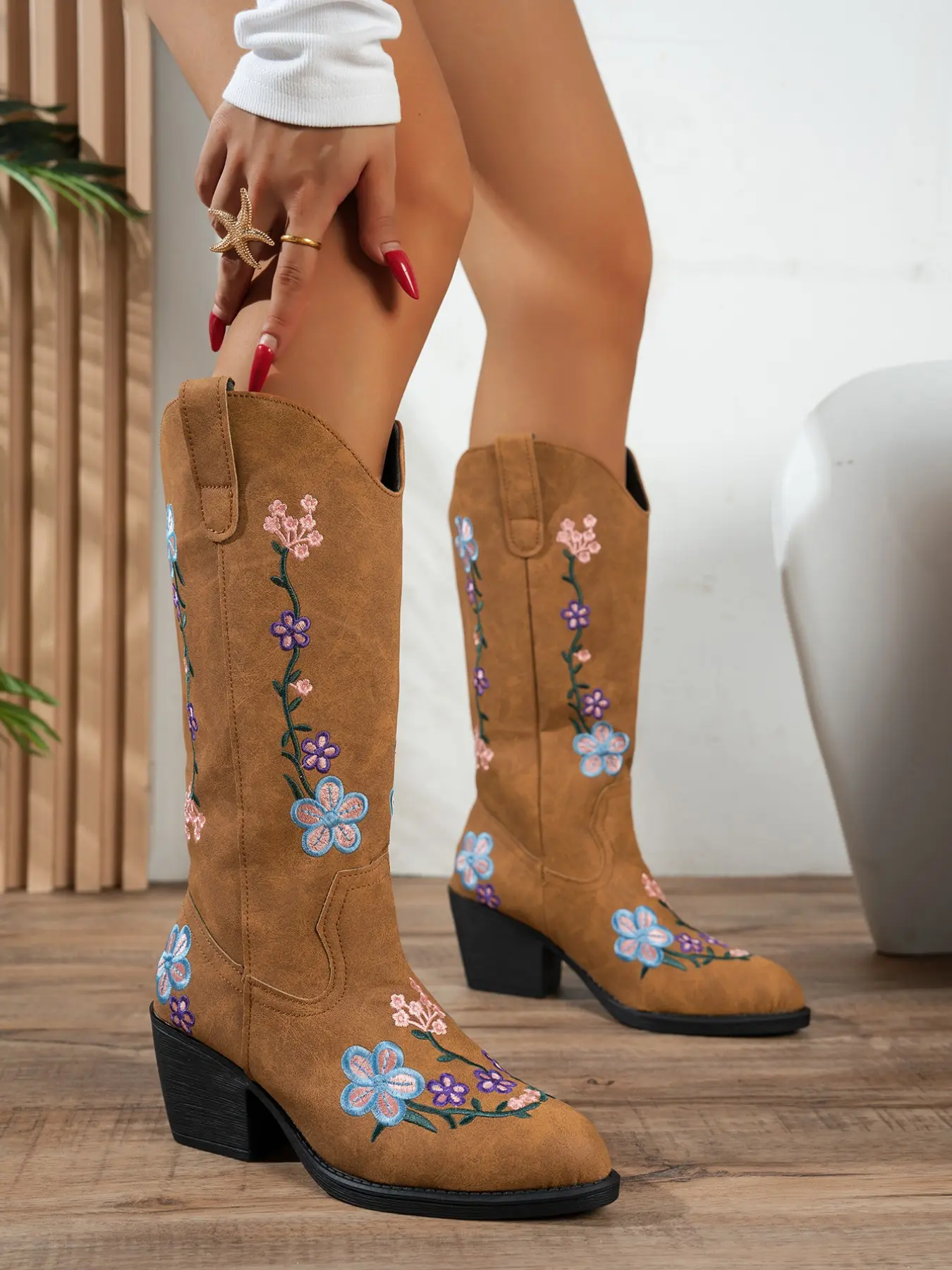 Women's Western Boots, Floral Embroidered Mid-Calf Boot, V-Neck Pointed Toe, Thick Heel, Dual Straps, Retro Denim Style, All Seasons, Rodeo Western Boots