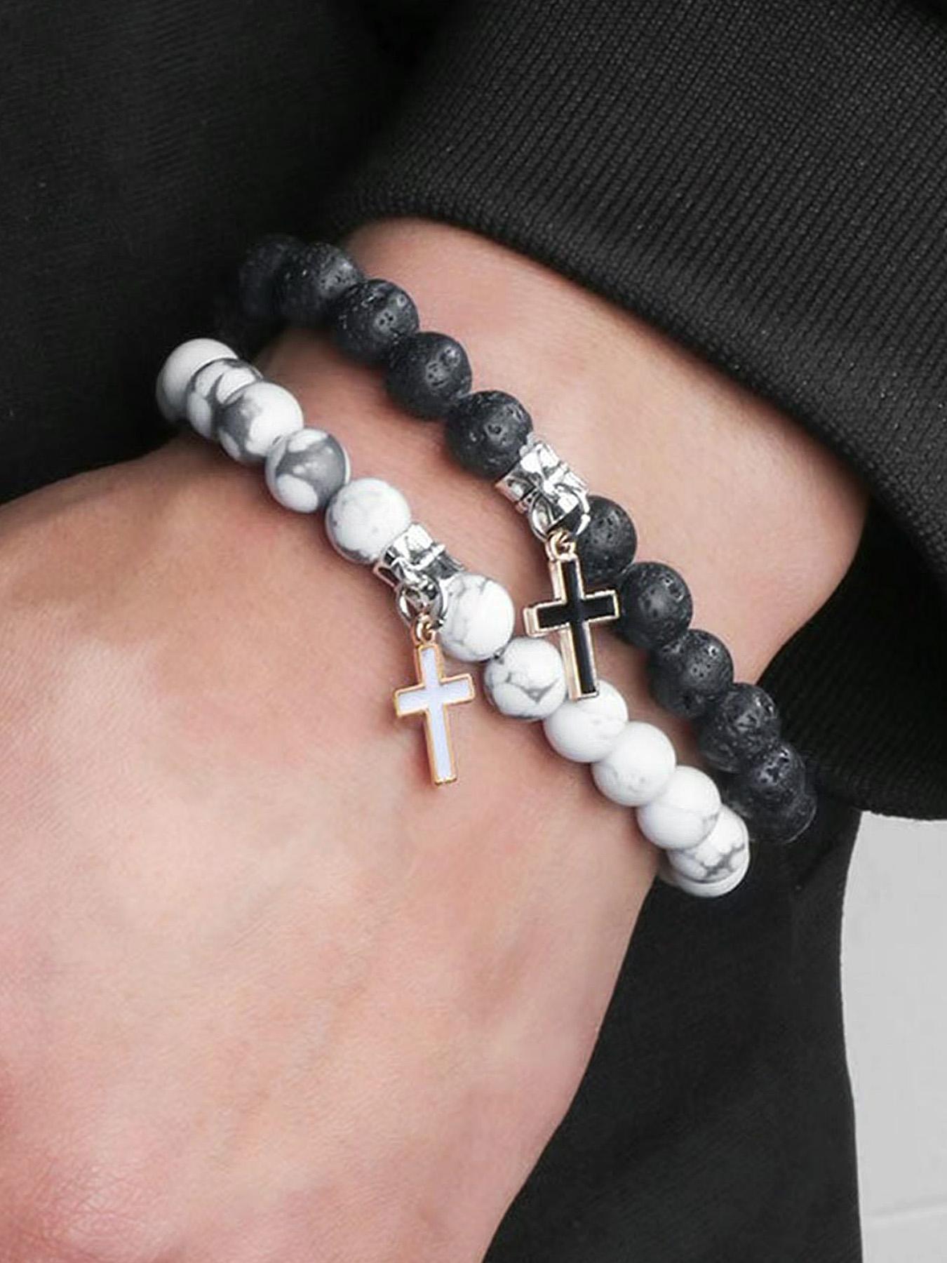 Stone & Cross Charm Decor Beaded Bracelets Set, Fashionable Jewelry for Women & Men, Trendy All-match & Exquisite Jewelry for Birthday Gift, Stackable Bracelets