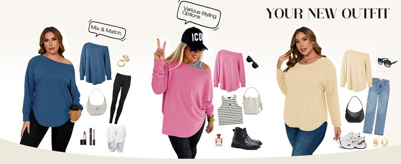 Goranbon Women's Plus Size Tops Off Shoulder Long Sleeve Loose T Shirts Casual Curved Hem Tunics Tee Shirt