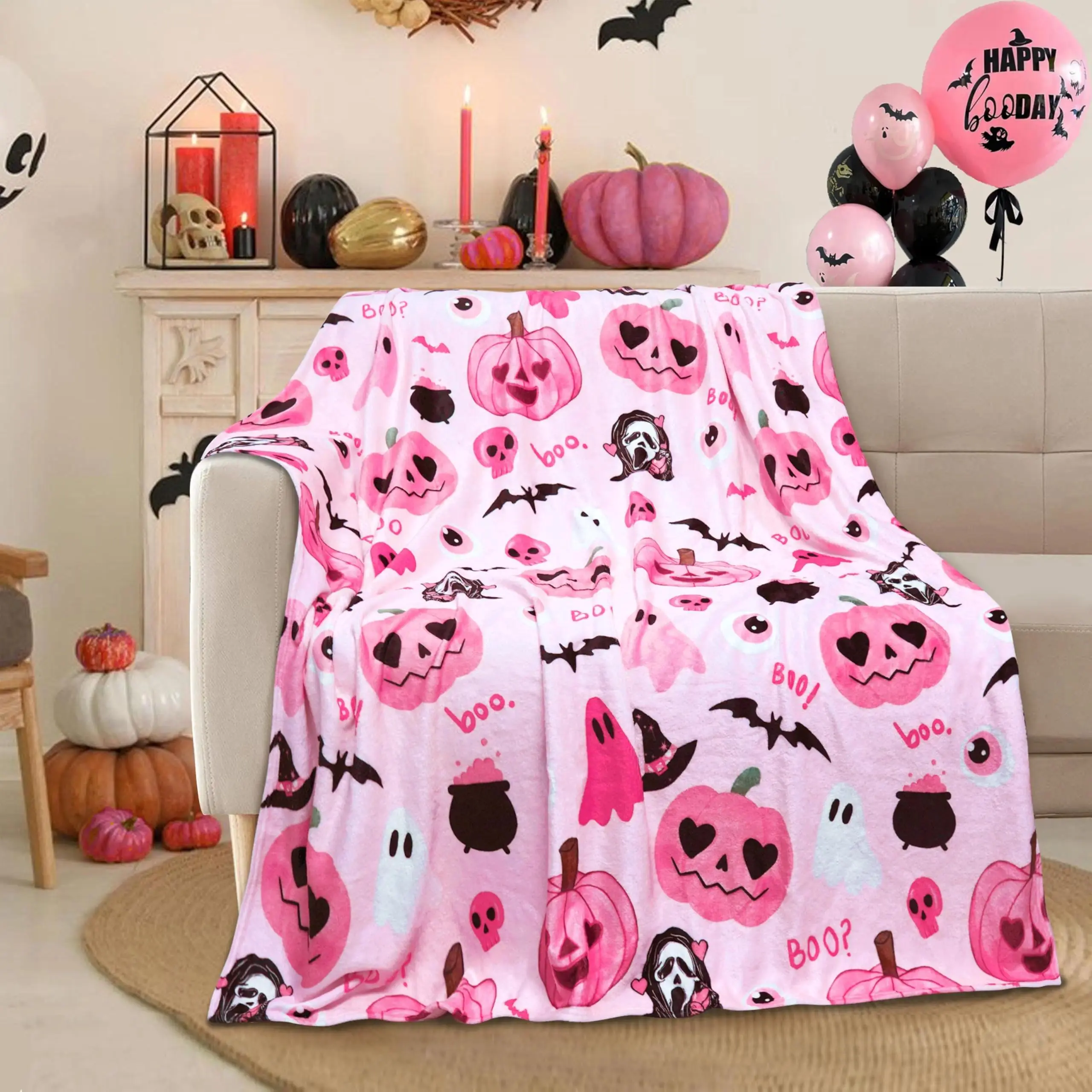 Pink Pumpkin, Skull, and Bat‑Themed Halloween Blanket, Spooky‑Season Fall Halloween Throw Blankets, Super Soft Cozy Plush Fall Pumpkin Blanket, Multi‑Size 30inx40in‑60inx80in for Couch Chair Bed Dorm, Perfect Halloween Home Decor & Spooky‑Style Holiday Gi