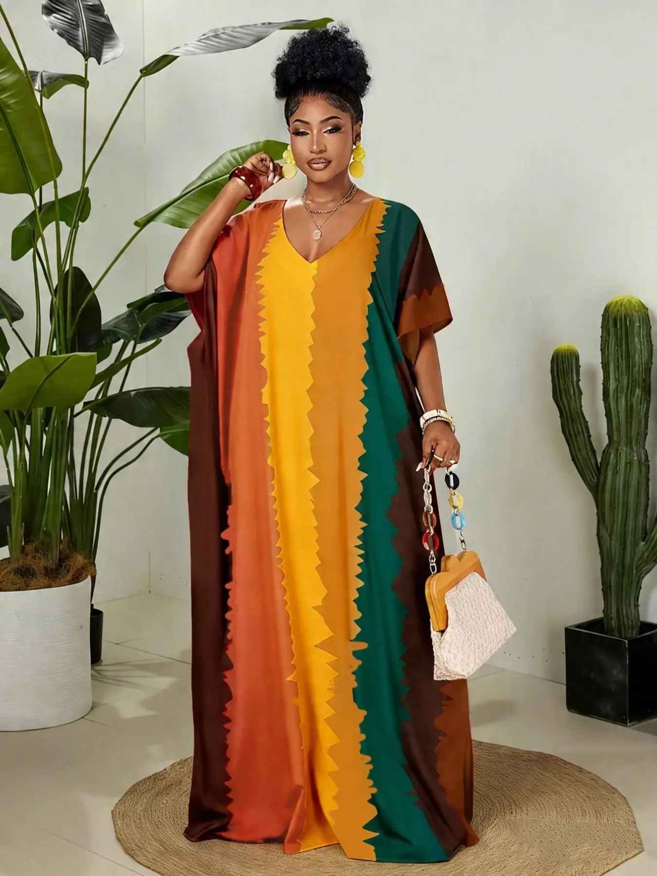 Women’s African Print Maxi Dress, Color Block Kaftan, Loose Fit Summer Dress, Boho Style, All over Print, Plain Surface, Unlined