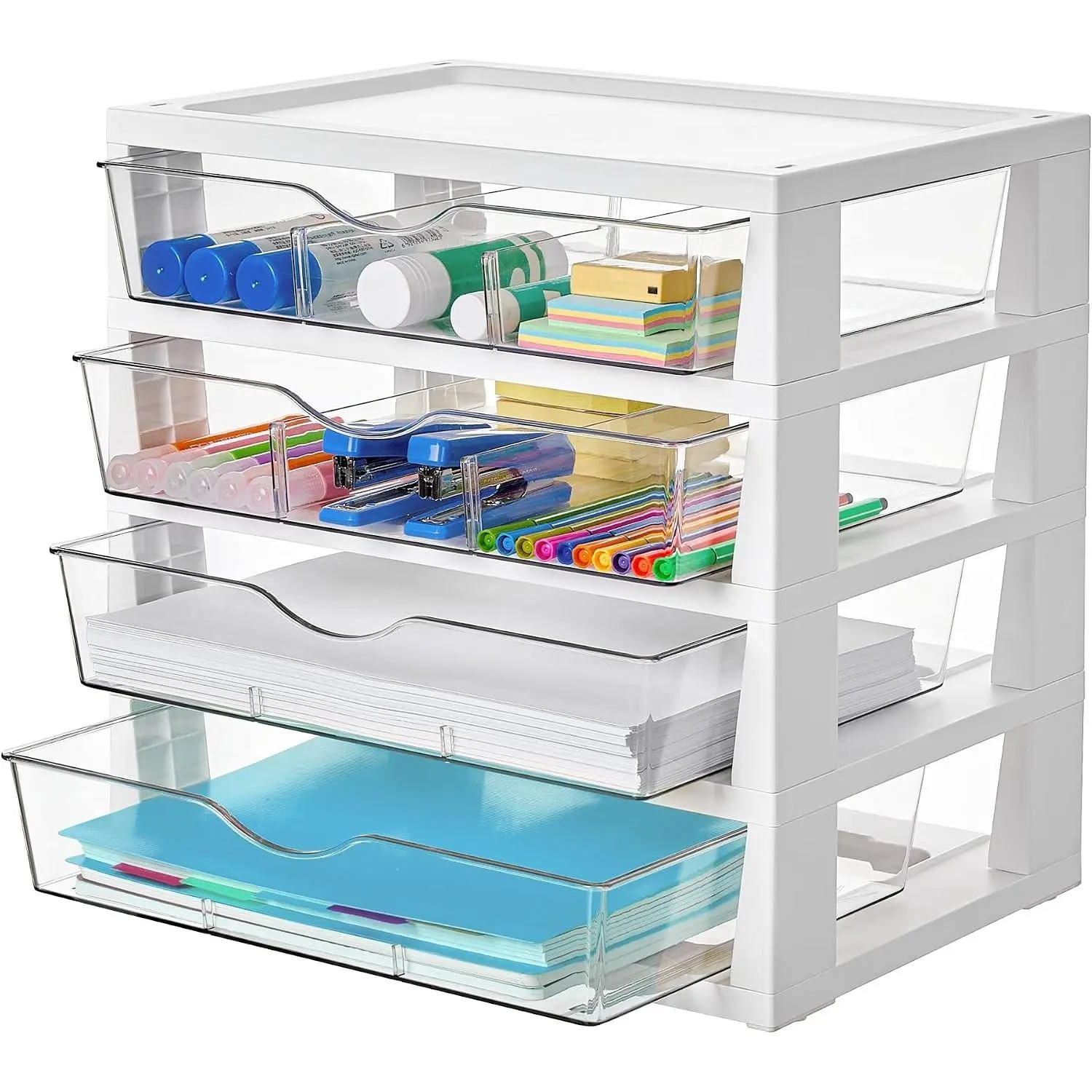 Clear Plastic Desk Organizer, 4-Tier Assemble Desktop File Organizer with Drawers, Office Desk Organization for Office Supplies