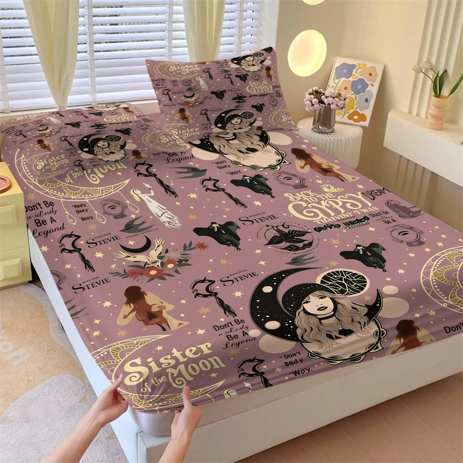 3PCS Retro Folk Witch Style Moon Goddess Star Print Fitted Sheet Set (1 Fitted Sheet + 2 Pillowcases),Soft Wrinkle Resistant Skin-Friendly Fabric,Full Wrap Deep Pocket Fitted Cover,All Season Bohemian Girls Bedroom Decor Gift