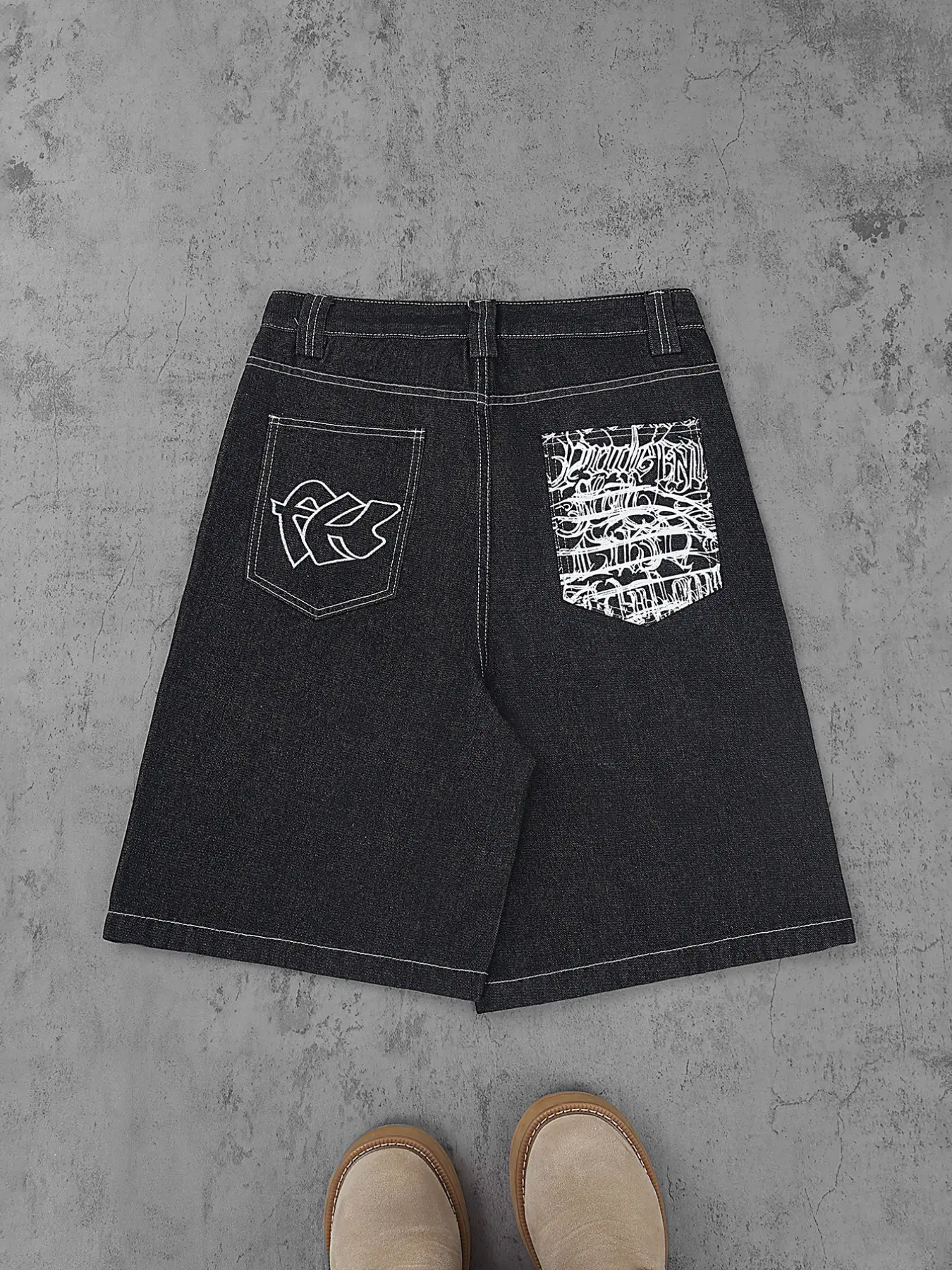 Vintage Loose-Fit Straight Leg Jeans, Pocket Embroidered Denim Bermuda Shorts, Casual Knee-Length Pants, All-Season Wear, Embroidery, Bottom