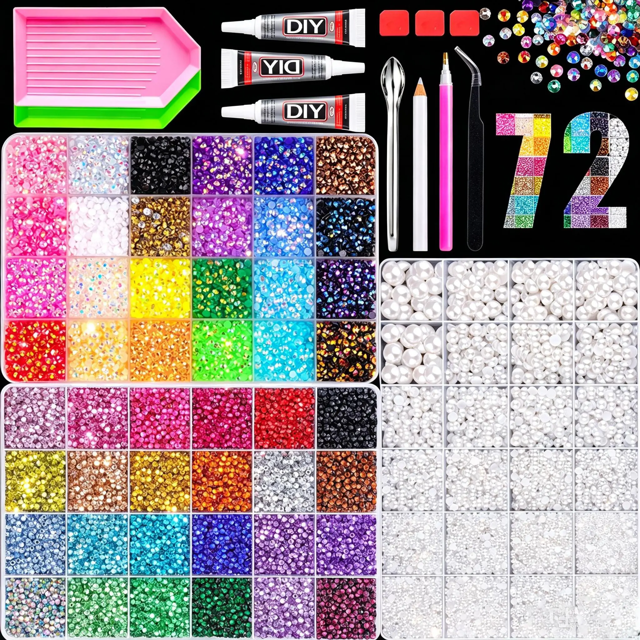 72 Grids DIY Rhinestone, Shining Rhinestone & White Pearl Craft Kit, AB Flatback Rhinestones & Imitation Pearls, With Craft Glue, Rhinestone Picker Pen, Tweezers, Sorting Tray Full Tools, For Nail Art, Tumbler Bling, Phone Case, Wedding Ornament