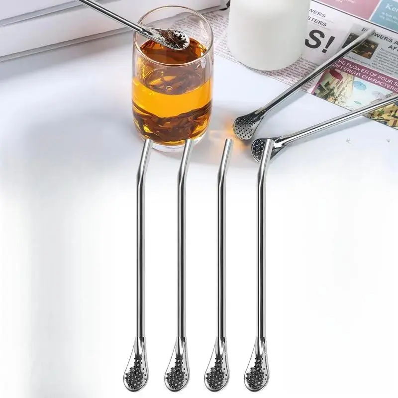 4 Counts Straws Spoon Stainless Steel Straw Spoon 7.2 Inch Yerba Mate Tea Drinking Straws Multifunctional Filtered Spoons Drinking Reusable Straw Stirring Spoon Straw for Travel Cup Mate Beach Home Bar Accessories