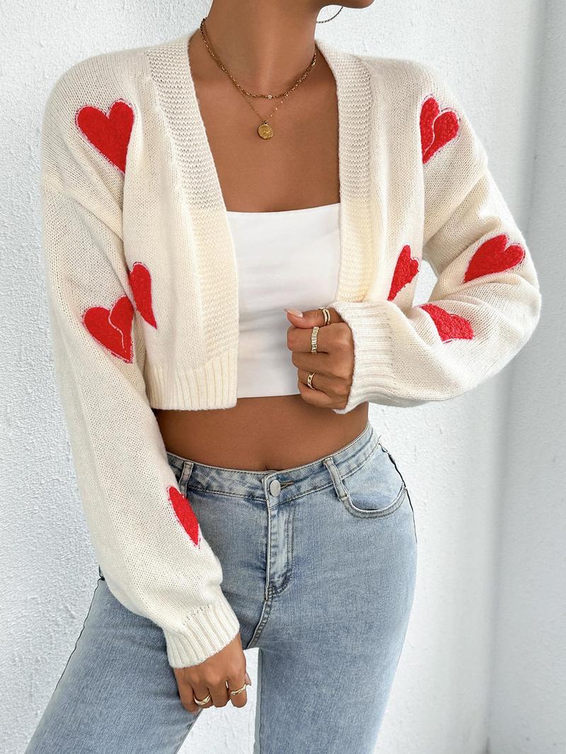 Women's Cartoon Print Drop Shoulder Cardigan, Casual Long Sleeve Open Front Knitwear for Fall, Valentine's Day Gift for Girl, Women's Knit Clothing for Daily Wear