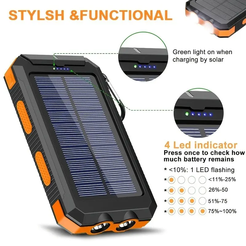 10000mAh Solar Power Bank, Dual USB Ports & USB-C Input/Output, Built-in LED Flashlight & Compass, Portable Solar Charger, External Backup Battery for Phones, iPad & Samsung, Outdoor Camping Emergency Charger