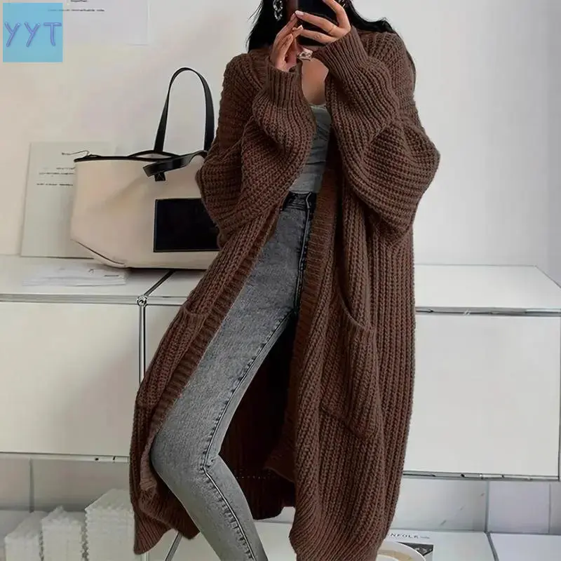 YYT1  Autumn Winter Women's Loose Long Sleeve Knitted Cardigan Wrap Top Plus Size Heather Grey Lazy Wear used with a raincoat