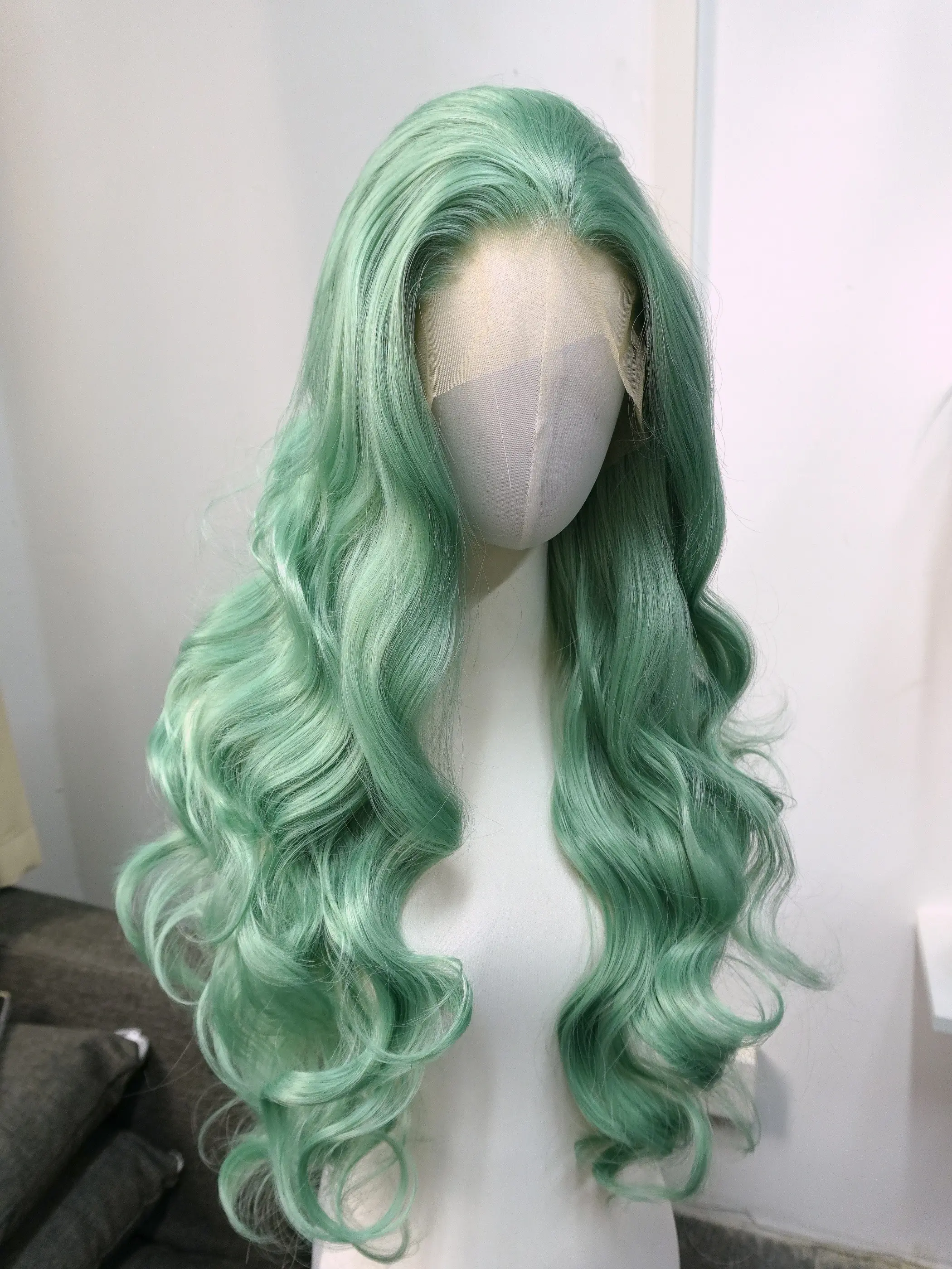 Mint Green Wig for Women 26inch Long Water Wavy Wig 26inch 13x4 HD Lace Front Wigs Free Parting Synthetic Lace Wigs for Cosplay