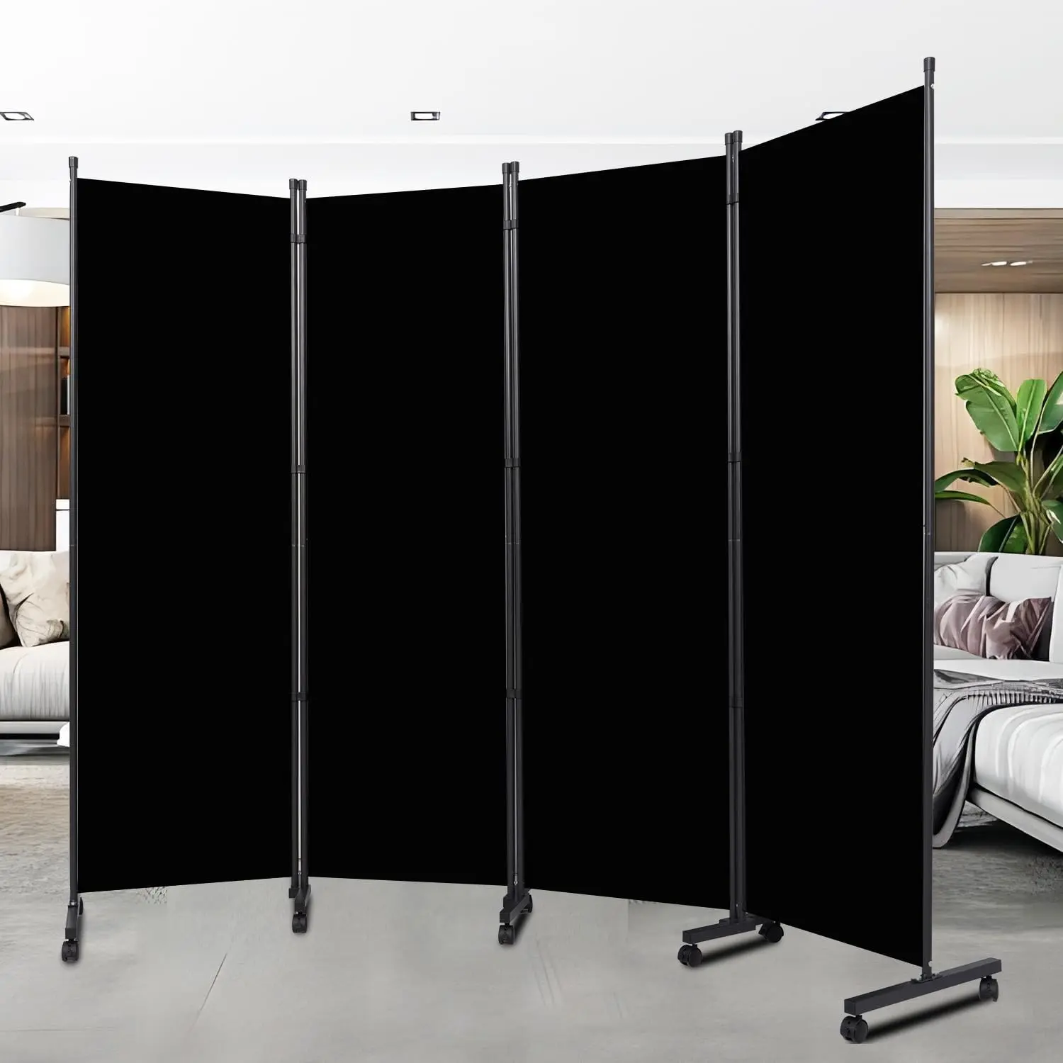 Room Divider 88'' Wide Folding Privacy Screens,4 Panel Wall Divider w/Wheel 17.7''Longer Metal Base,Freestanding Room Divider Panel,Moving Fast & Saving Labor，Fabric Room Partition for Bedroom Office