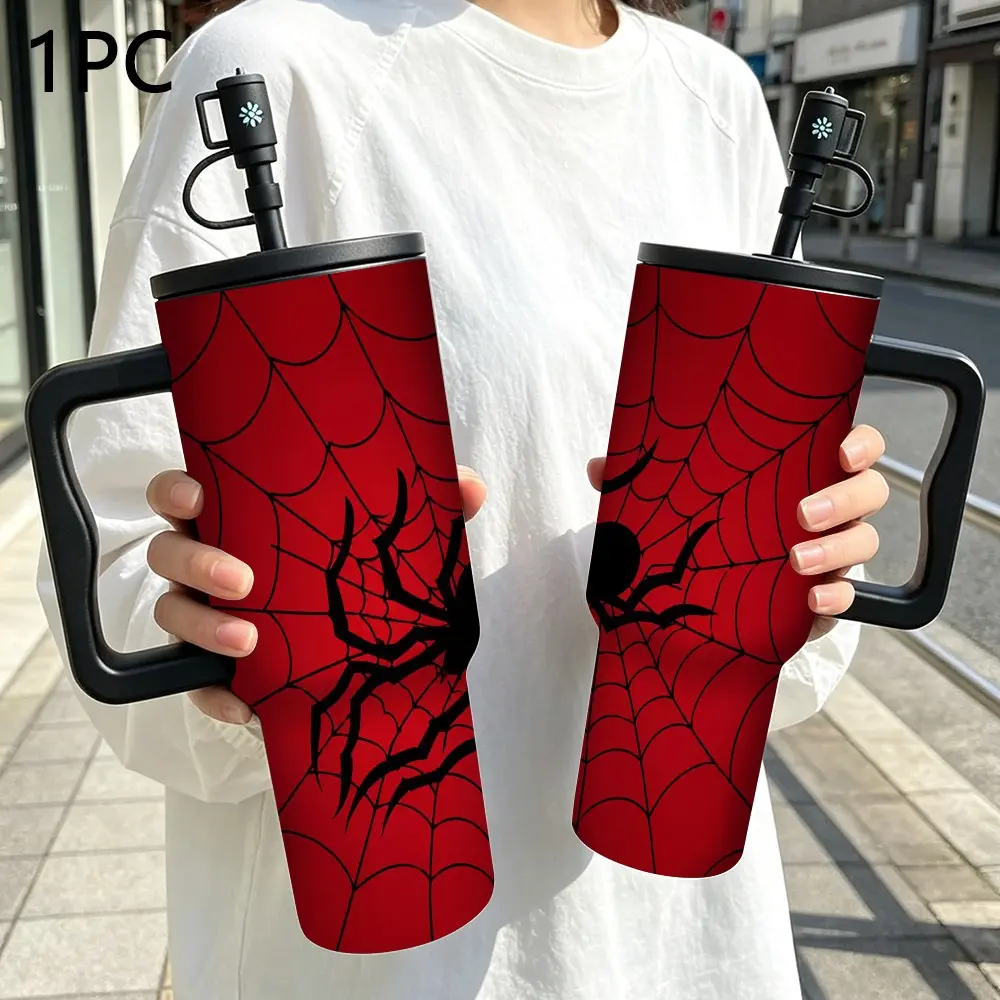 40oz Spider Web Print Stainless Steel Insulated Cup, Cool Dark Car Water Bottle, Hand Wash Only, Stylish Handle Ice Mug