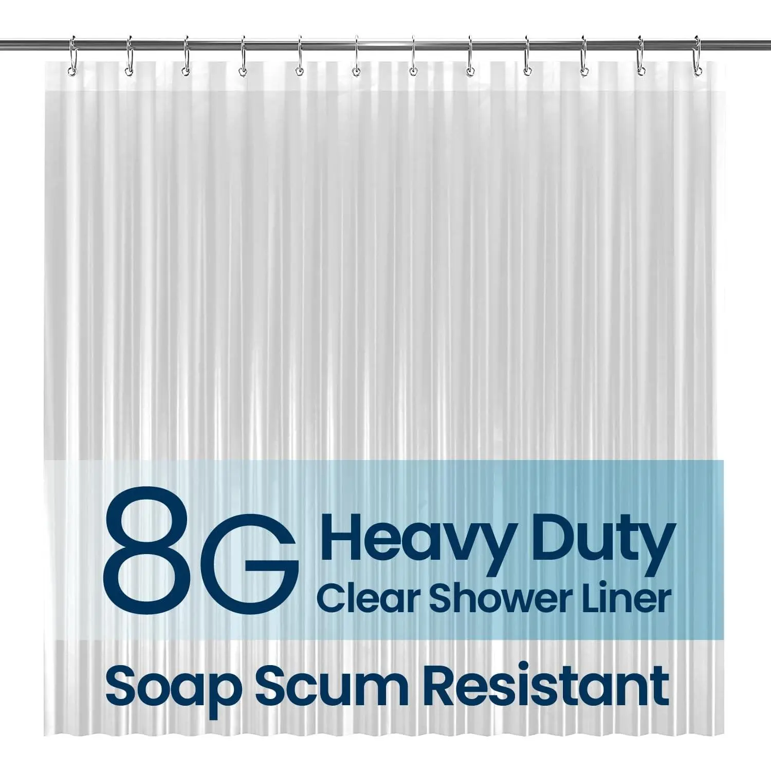 Shower Curtain PEVA 8G, 72x72 Inch Waterproof Clear |   Non-toxic shower liner, waterproof plastic shower curtain, rust-proof grommets, weighted magnets, bathroom accessories